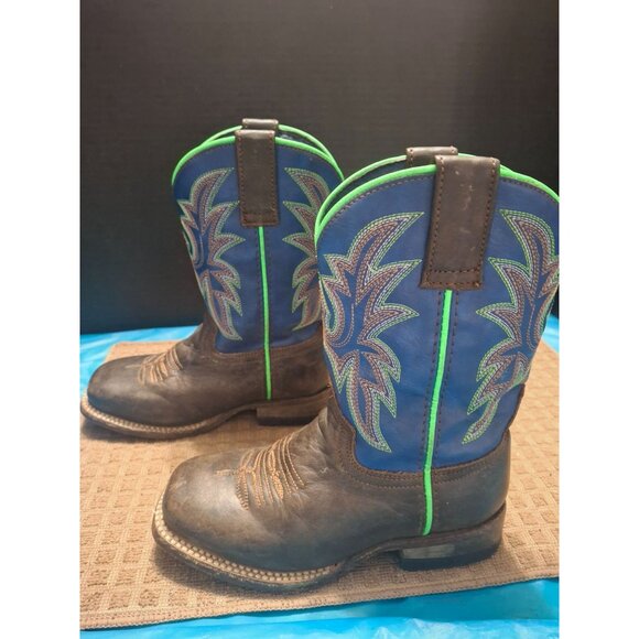 Roper Boys Western Leather Boots Size 9 Blue & Green Embroidered Handmade In Mex - Picture 7 of 9